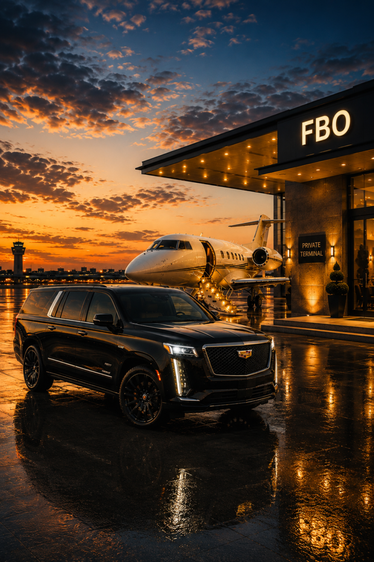Private jet transportation with a chauffeur at the FBO