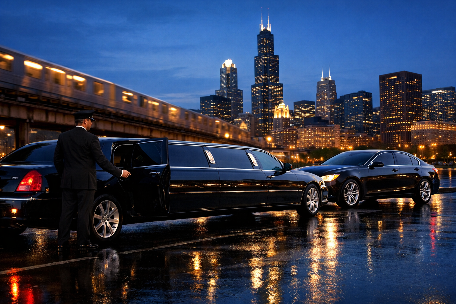 Chicago limo service along the city skyline